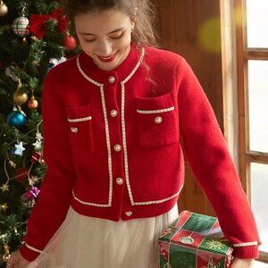 New! Knit Mix Red Crop Button Front Pocket Cardigan Sweater Medium 23261